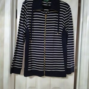 Lauren Ralph Lauren Navy and White Nautical Striped Knit Zip Sweater Cardigan 1X